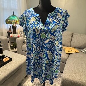 Vibrant Blue and Green Floral V-Neck Blouse